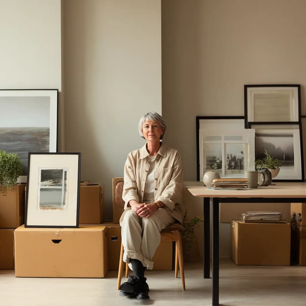 An older woman seated quietly among framed photographs and packed boxes