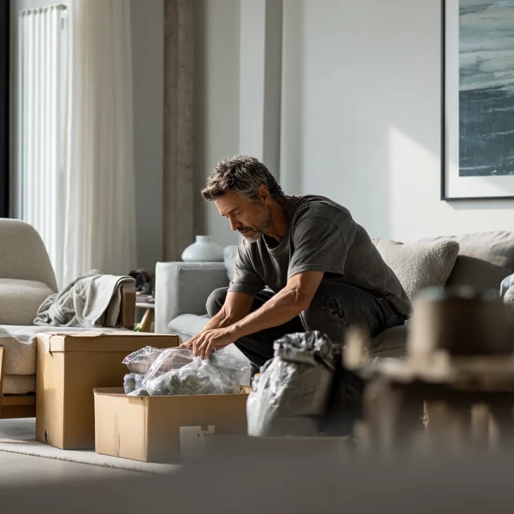 A man crouched in a styled living room packing wrapped household items into cardboard boxes