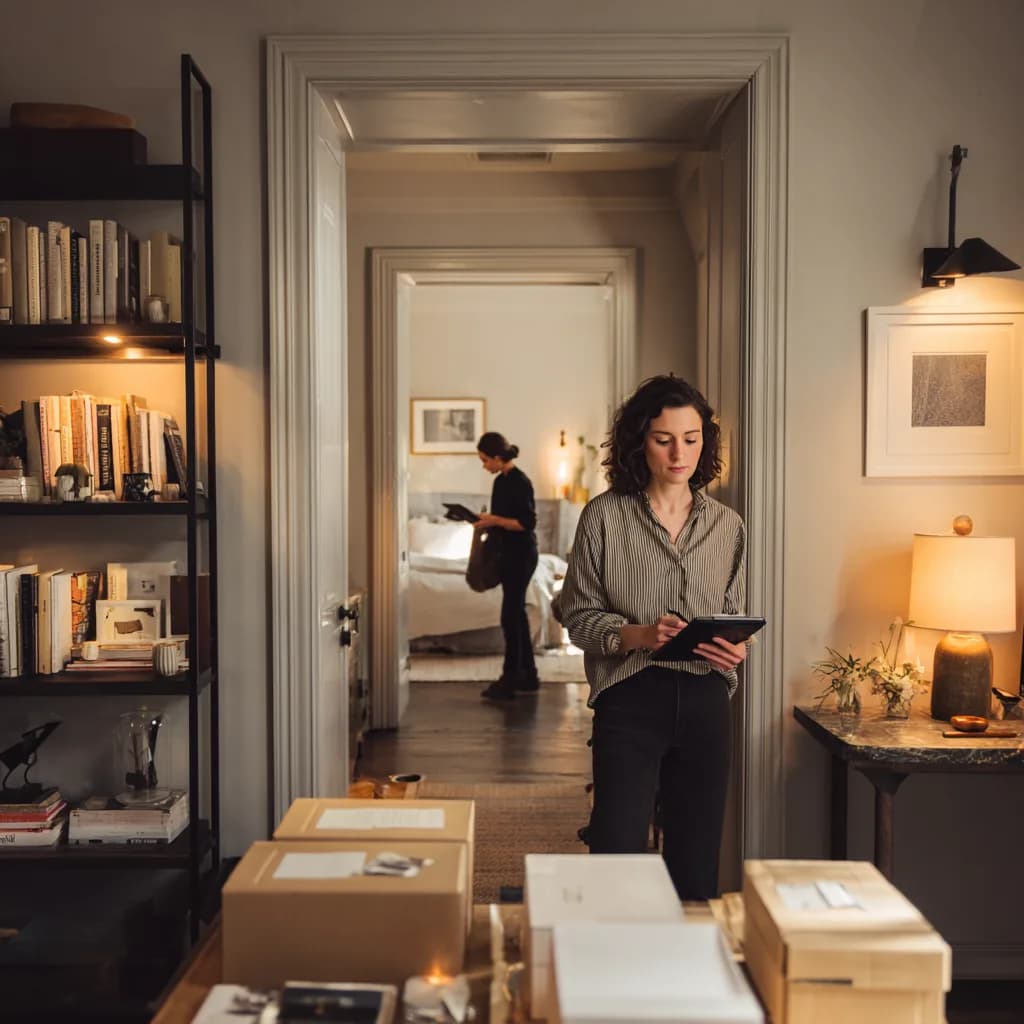 A woman reviewing notes by a doorway, with a second person in the room beyond, surrounded by document boxes and packing materials