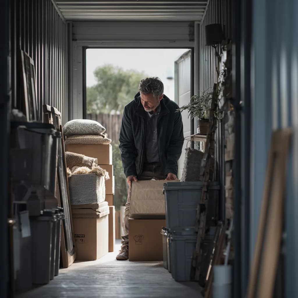A man lifting a box inside a self-storage unit packed with stored furniture, mattresses and bins