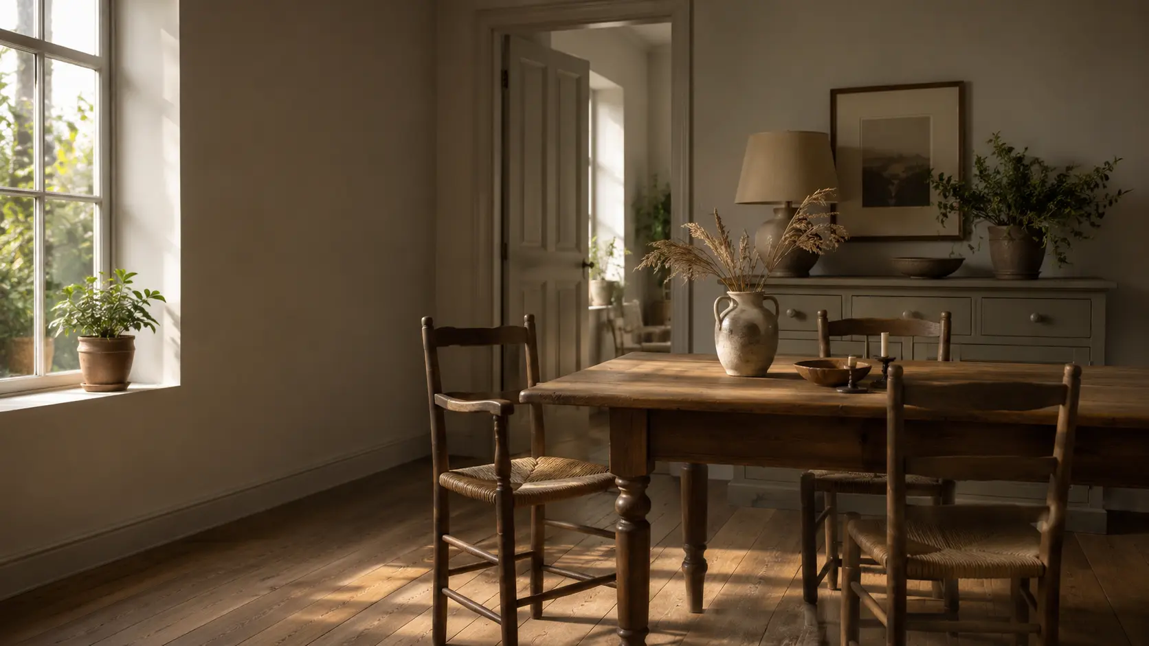 Cottage-style painted dresser and farmhouse table in a warm, characterful room, selected by Redar.