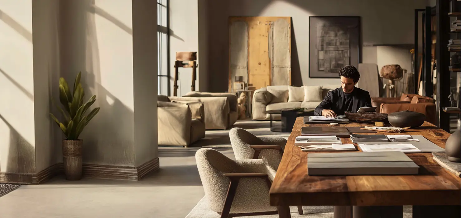 Furniture sourcing for interior designers: Redar-handled trade resale pieces in a workspace.