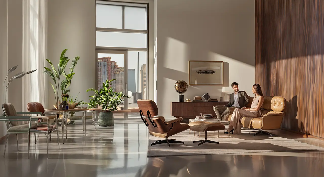 Iconic resale furniture: used Eames, Ercol, Vitra, Parker Knoll and George Smith pieces in a styled living room.