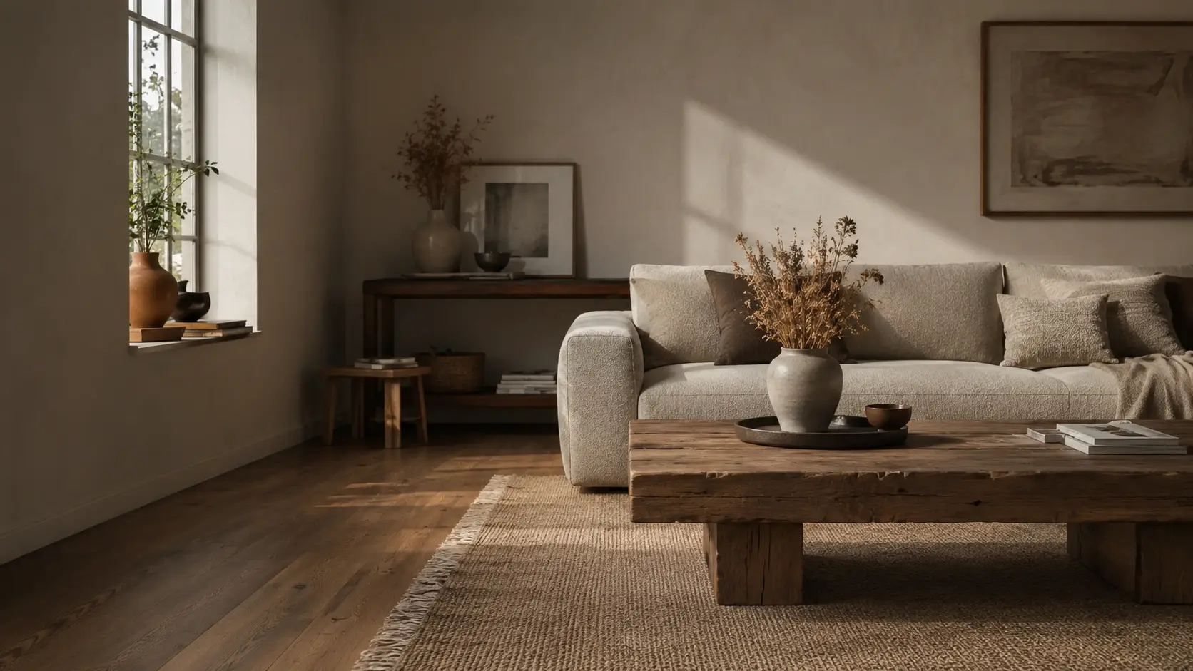 Reclaimed wood coffee table with visible grain and patina in a lived-in living room, selected by Redar.