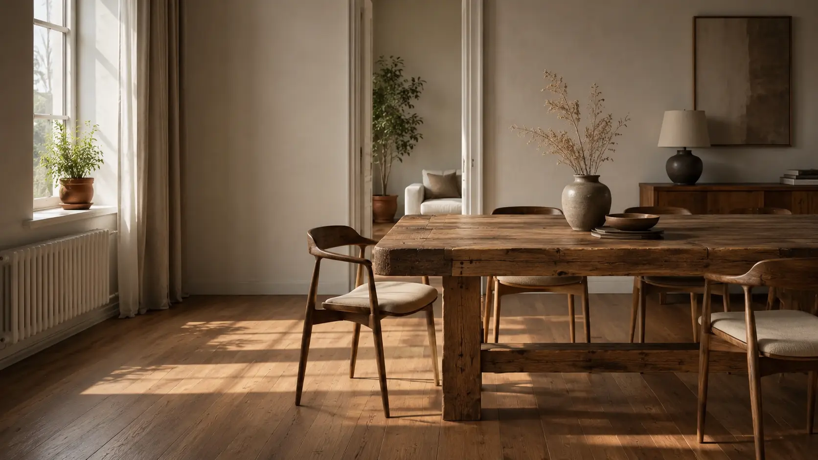 Reclaimed solid-wood dining table with visible grain in a bright dining room, selected by Redar.