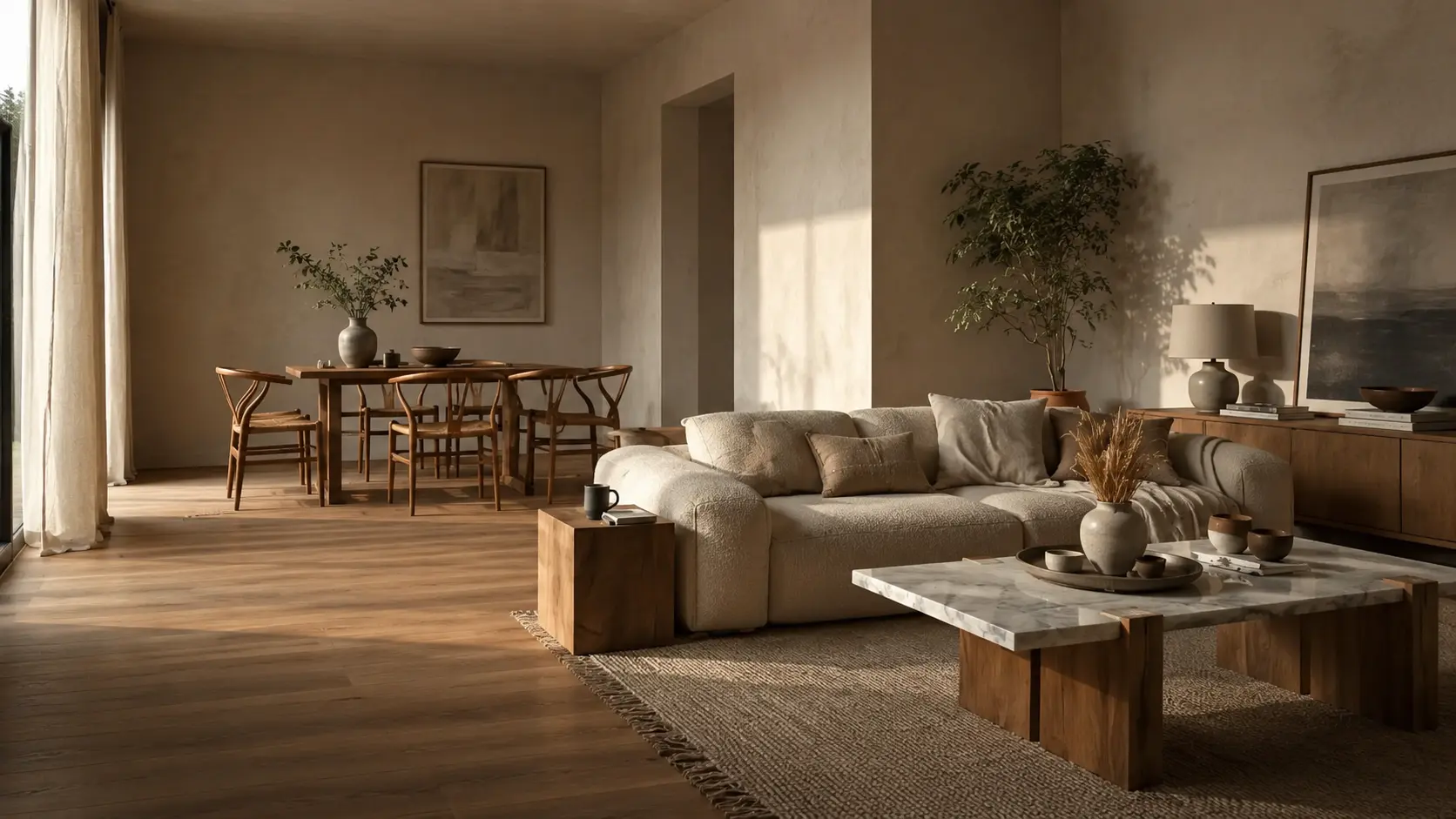 Sustainable pre-owned furniture in a styled living and dining space, selected and listed by Redar.
